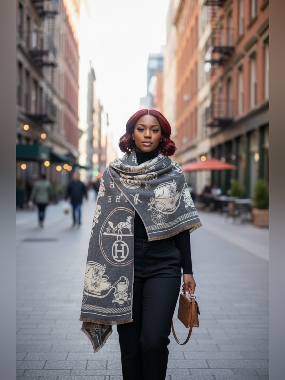Luxury H logo dark gray Cream horse carriage cashmere Scarf wrap double sided